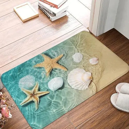 Personalised square flannel floor mat with a coastal starfish print, shown in a modern living room setting.