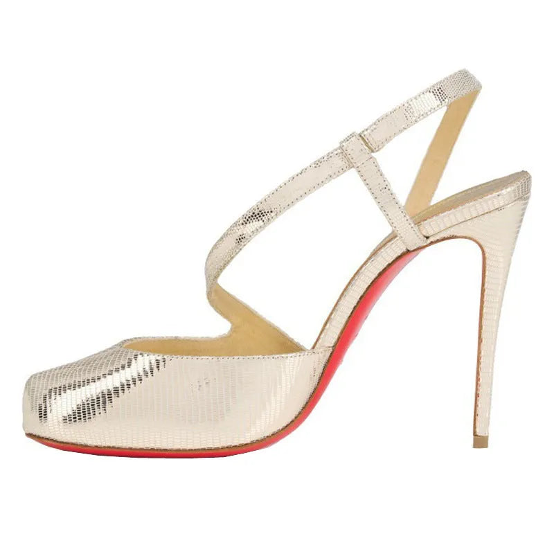 Women's low-cut toe cap stiletto heels with cross strap hollow design, ankle buckle, microfiber upper and rubber sole, black and black bottom colour.