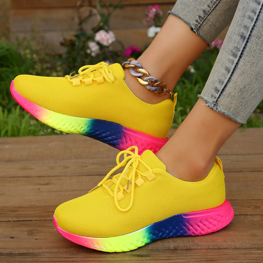 Women's plus-size rainbow low stretch pumps in white, flat heel, round toe, lace-up front, breathable mesh lining