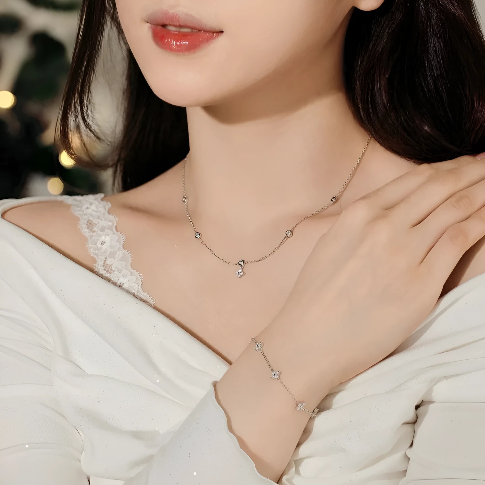 S925 sterling silver necklace and bracelet set with starry zircon design, platinum colour, clavicle chain style