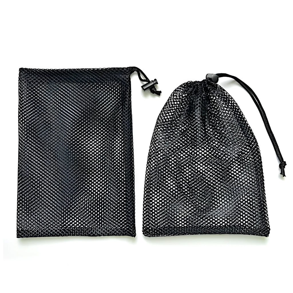 Black drawstring mesh storage bag for children's water ball toys, shown open with a toy inside.