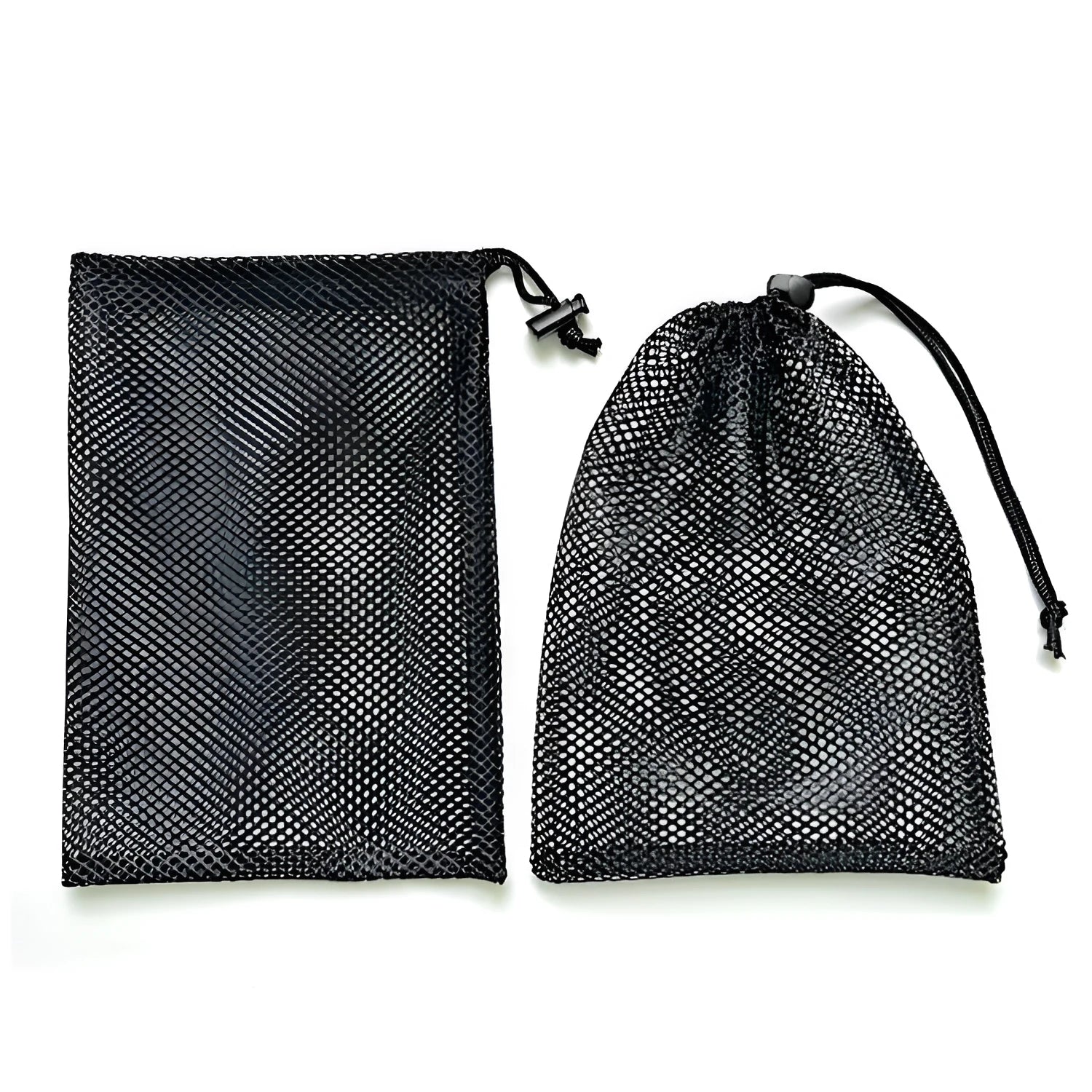 Black drawstring mesh storage bag for children's water ball toys, shown open with a toy inside.