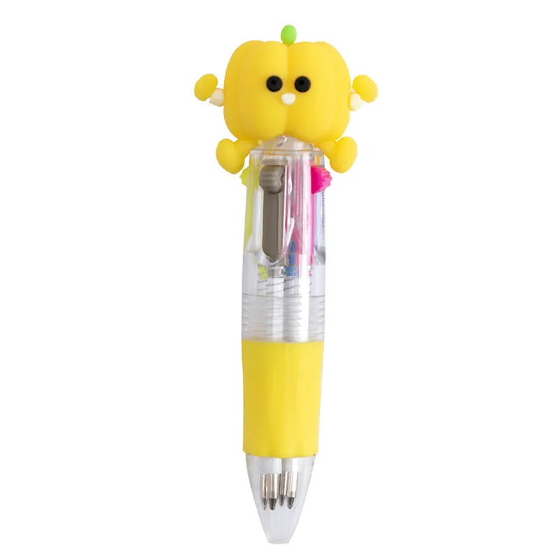Four-colour press ballpoint pen with a random cute cartoon design, such as cactus or fast food, showing its press mechanism.