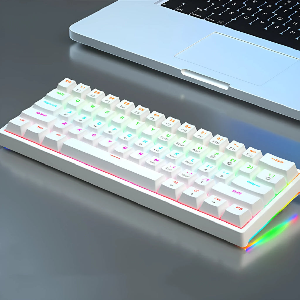 Compact bluish-black 61-key wired mechanical keyboard with hot-swappable switches on a desk.