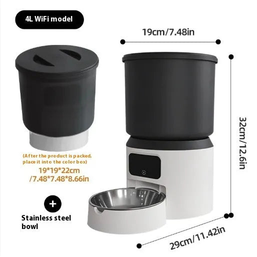 4L smart pet feeder with remote control and video camera on a kitchen floor