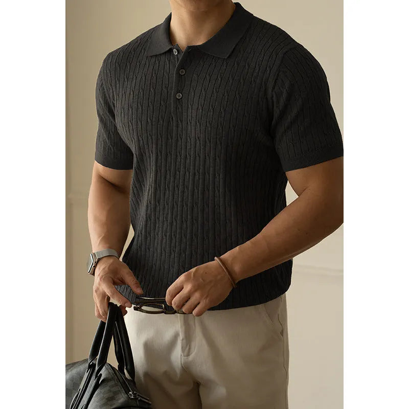 Men's khaki short sleeve business top on a hanger, showing Asian fit sizing label.