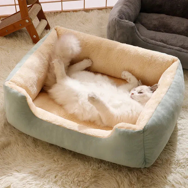 Short plush rectangular cat bed in five sizes from 45x30cm to 80x60cm and five colours
