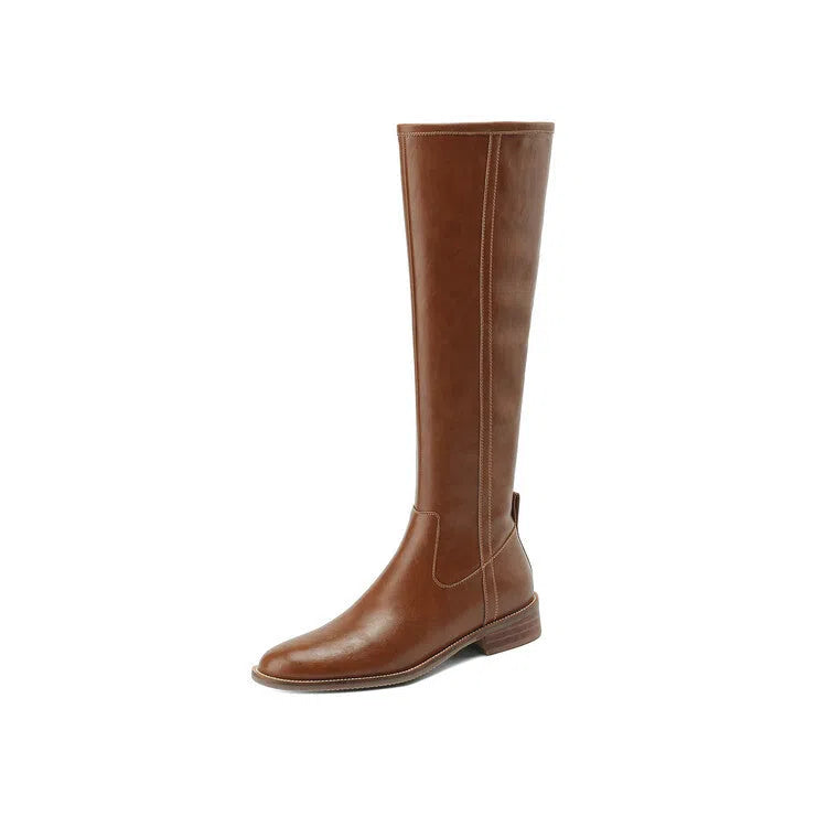 Women's round-toe mid-heel knee-high riding boots in black with cowhide leather upper, side zipper, and chunky heel