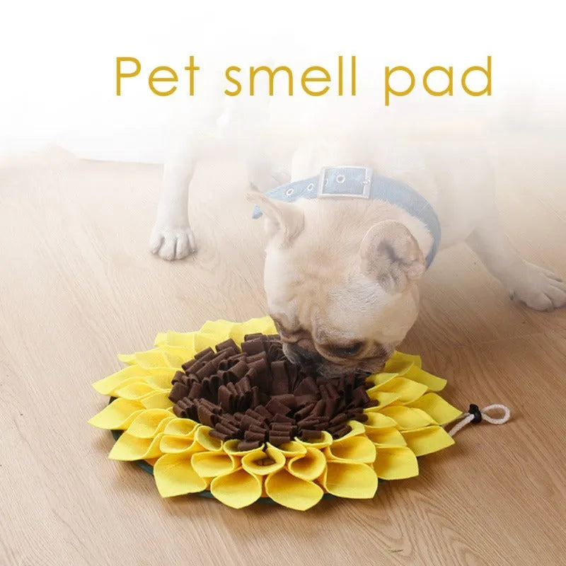 Yellow sunflower pattern dog snuffle mat with rope buckle for slow feeding and nosework games