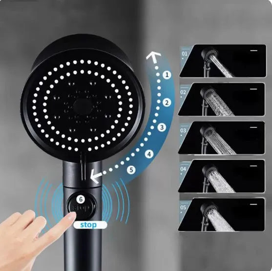 Silicone self-cleaning shower head with five colour options, turbo fan, and dense outlet holes