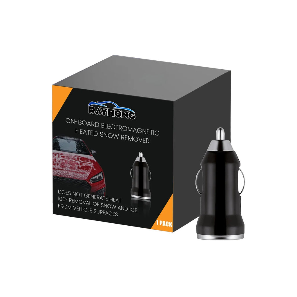 Compact black car snow melting tool measuring 5.5cm with dual deicer and charger functions