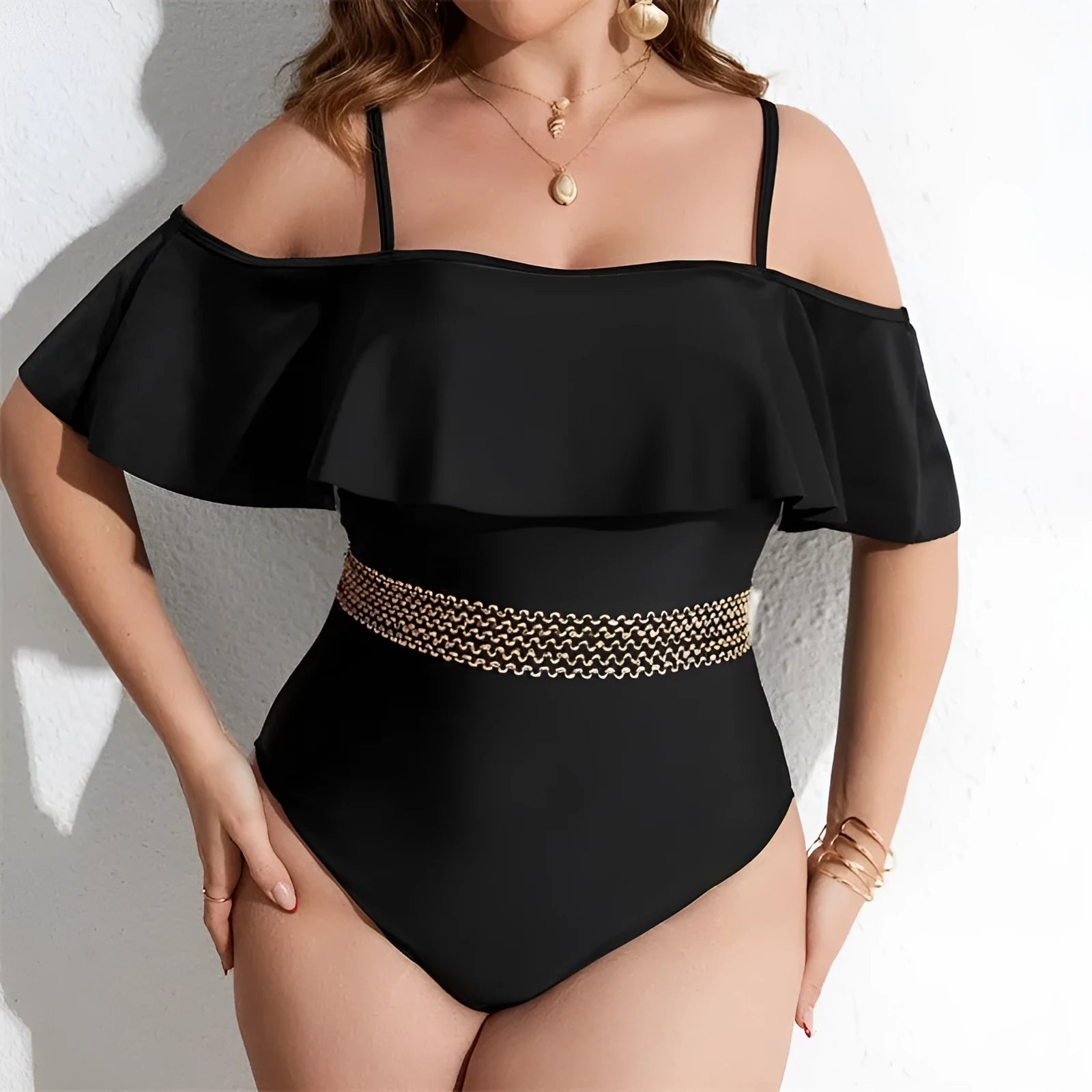 Black women's one-piece swimsuit in plus sizes from 0XL to 4XL made from polyester fabric