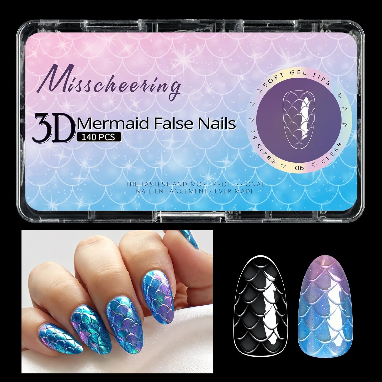 3D scale long shaping nail tips for gel and acrylic nail extensions in multiple colour options
