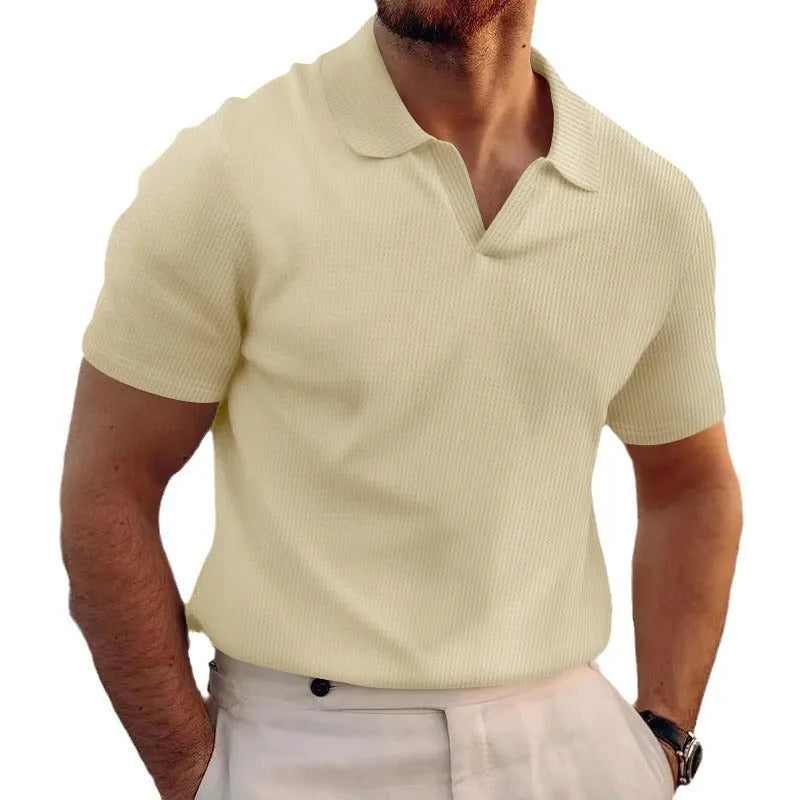 Men's slim fit t-shirt with heavy waffle texture in blue colour, showing short sleeves and textured fabric detail