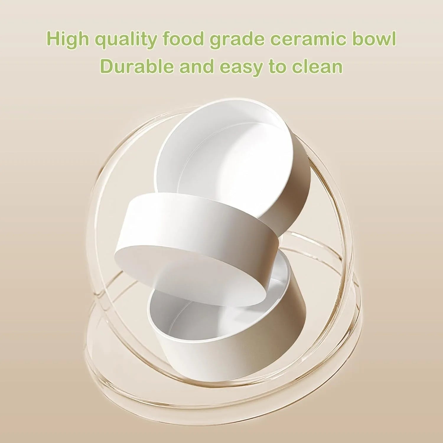 Green ceramic raised cat bowl set with two bowls on a tilted stand, showing non-slip base.