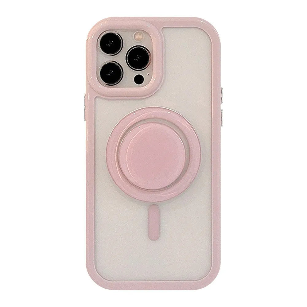 Simple Ins solid colour magnetic bracket phone case for iPhone 16 series in transparent acrylic with black magnetic bracket edge