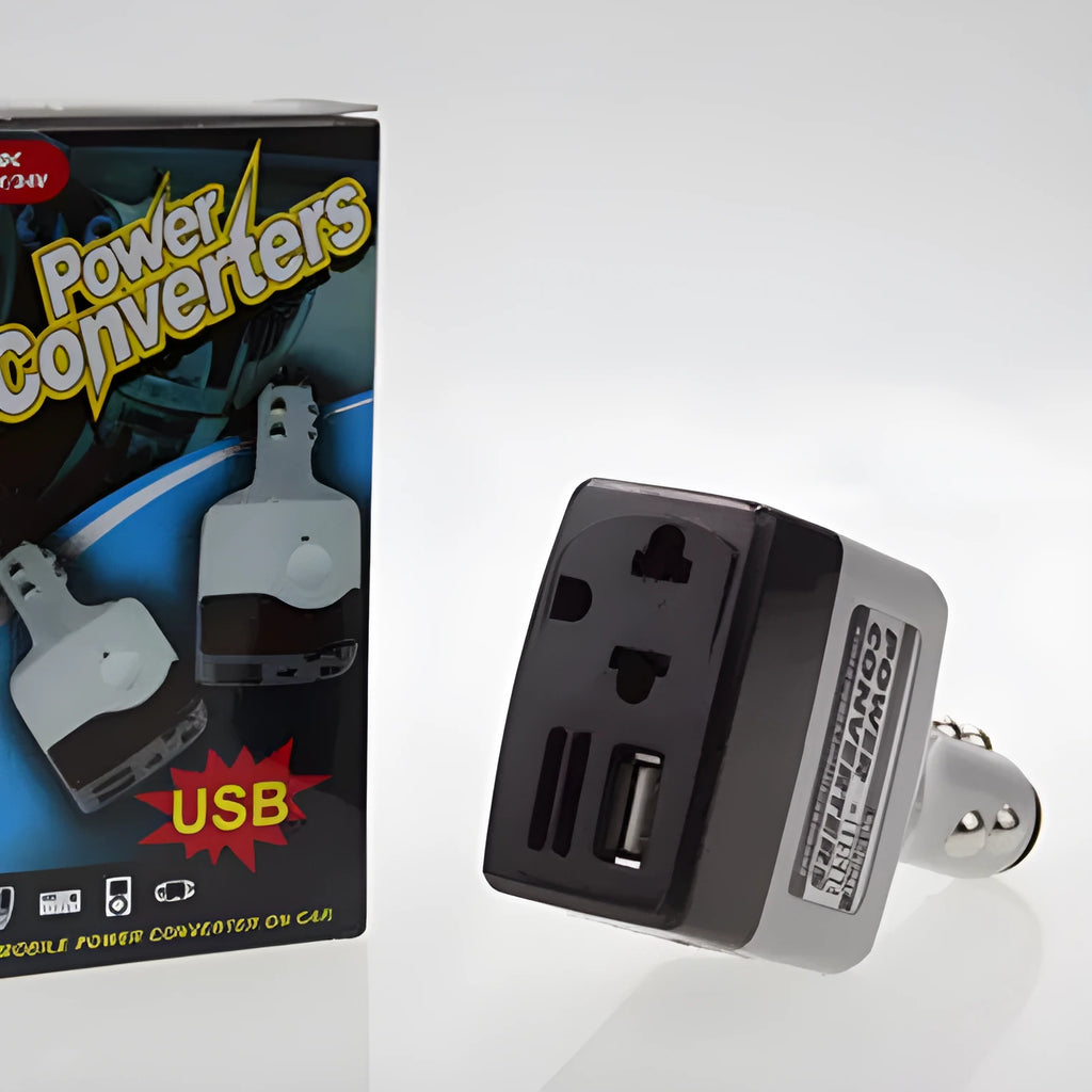Car transformer power supply with cigarette lighter plug and USB output for mobile charging