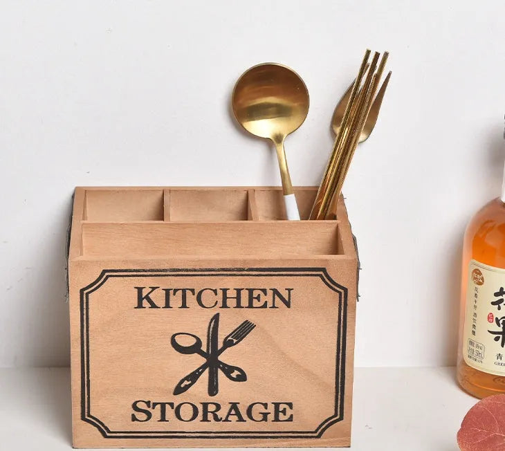 Wooden kitchen storage box with grid dividers for knives, forks and chopsticks