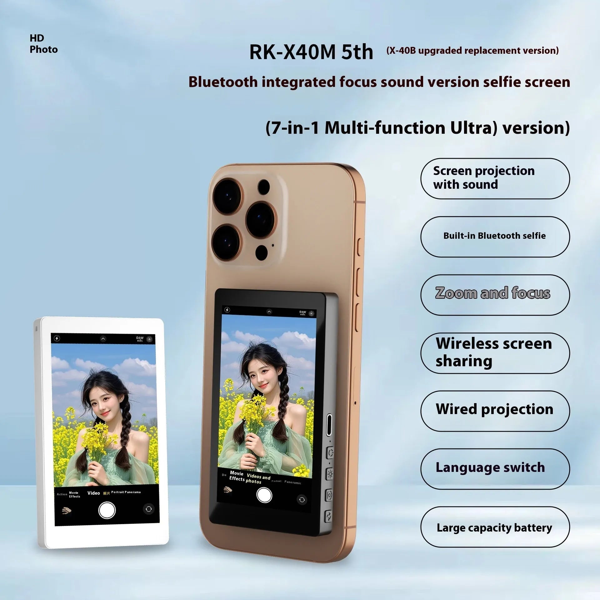X40M magnetic mobile phone selfie display with audio zoom in black, grey or white colours
