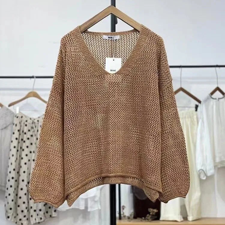 Loose polyester mesh top with 3/4 princess sleeves in green, purple, brown, or apricot white