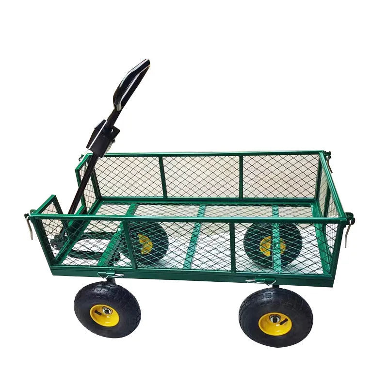 Green four-wheel hand push net car with iron frame and rubber terrain wheels