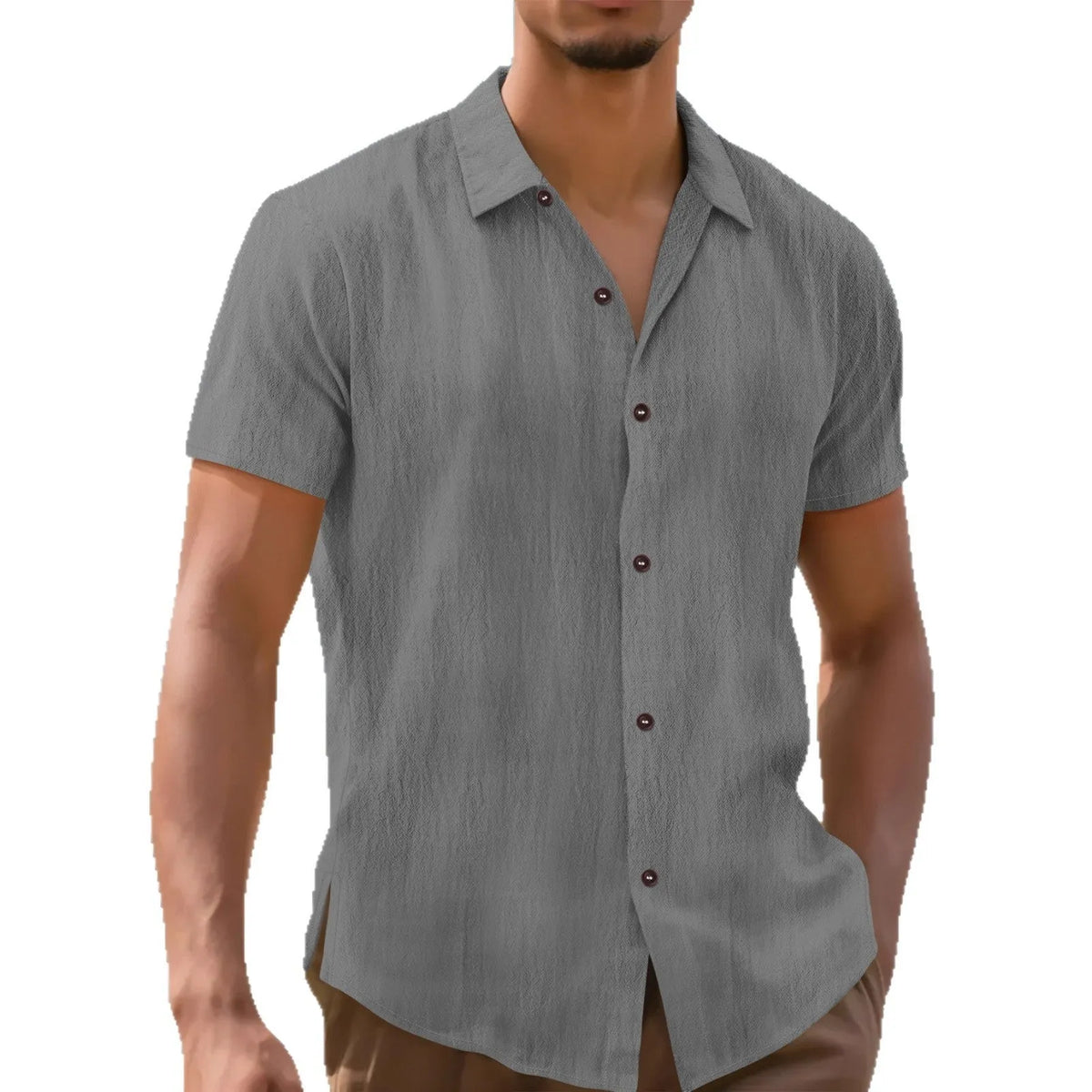 Men's linen lapel short sleeve shirt in eight colours including white, grey, orange, army green, navy blue, light blue, black, and khaki.
