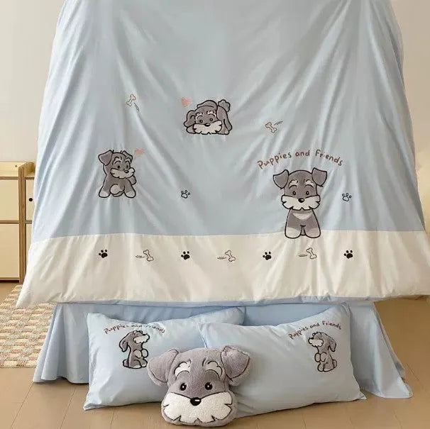 Schnauzer dog cartoon pattern embroidered on a complete thickened cotton bedding set showing quilt cover and pillowcases.