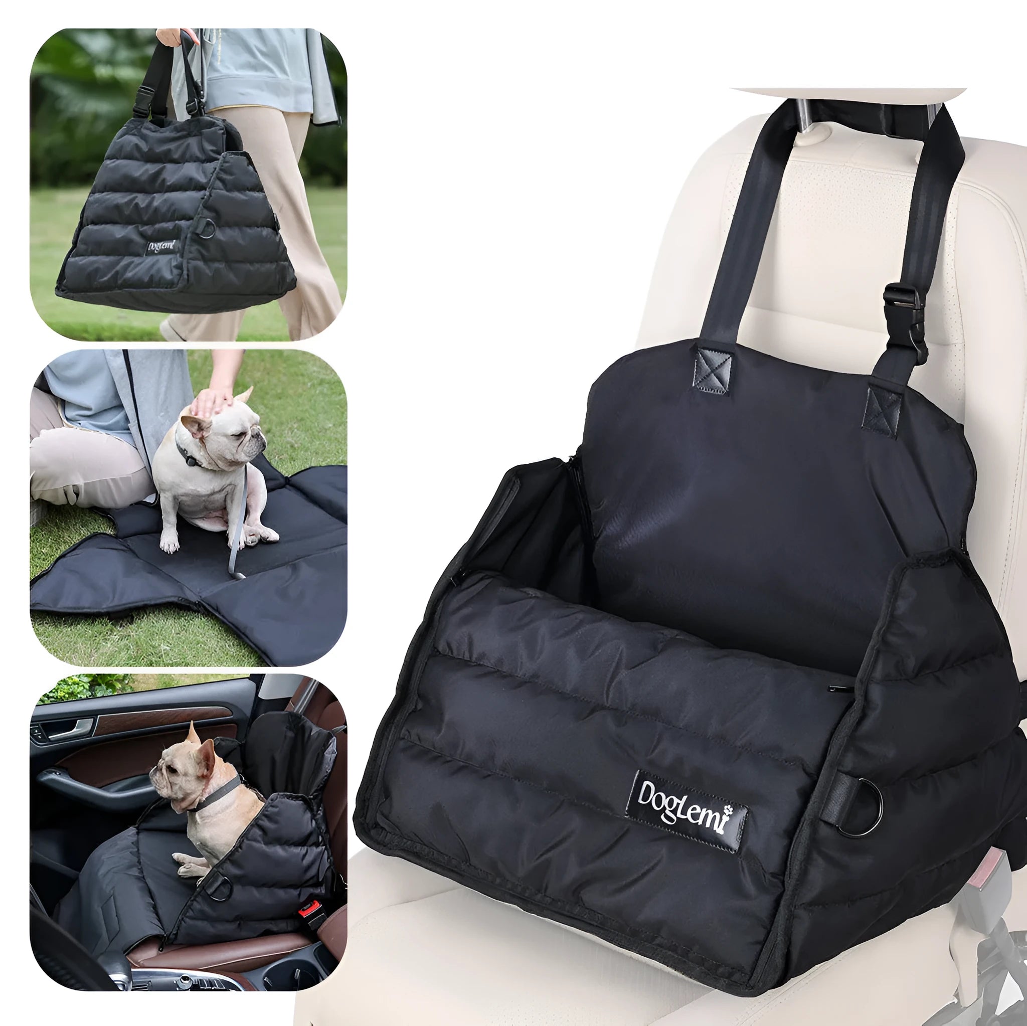 Black multifunctional pet car bag with clip-on strap and harness clip for dog travel safety