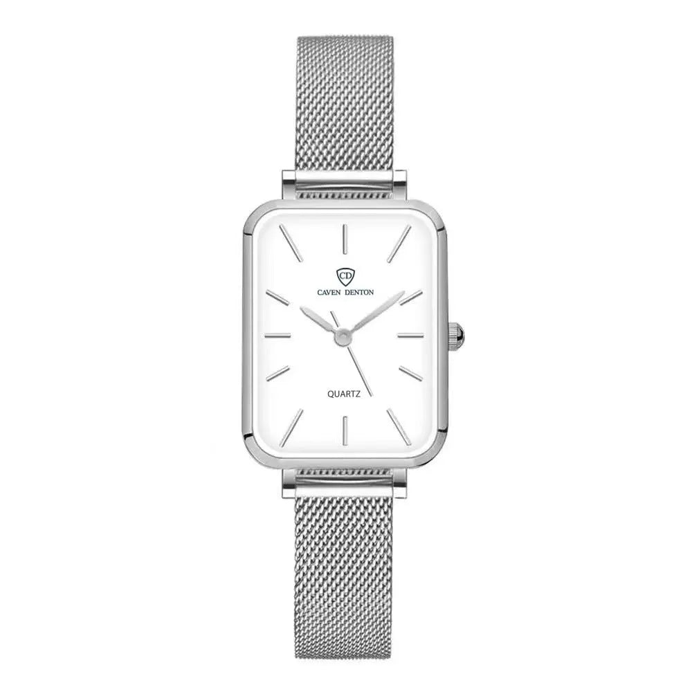 Women's rose gold or silver waterproof quartz watch with alloy case and woven steel strap