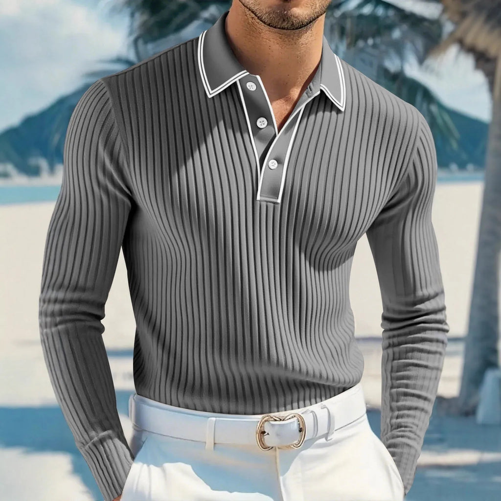 Men's loose-fit long-sleeved polo shirt in black, mosaic pattern, polyester blend, front view