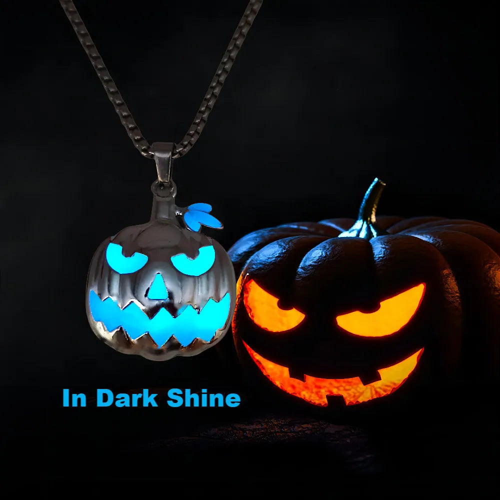 Halloween necklace with luminous pumpkin pendant glowing in green light, zinc alloy construction
