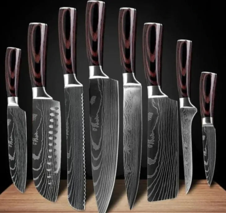 7Cr17 stainless steel kitchen knife with Damascus pattern blade and coloured wood handle on a cutting board.