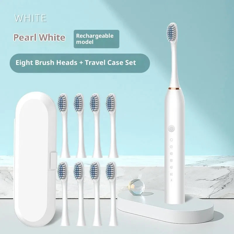 Rechargeable electric toothbrush with soft bristles, USB power, 8 brush heads and travel box in X3 Black, Pink or White