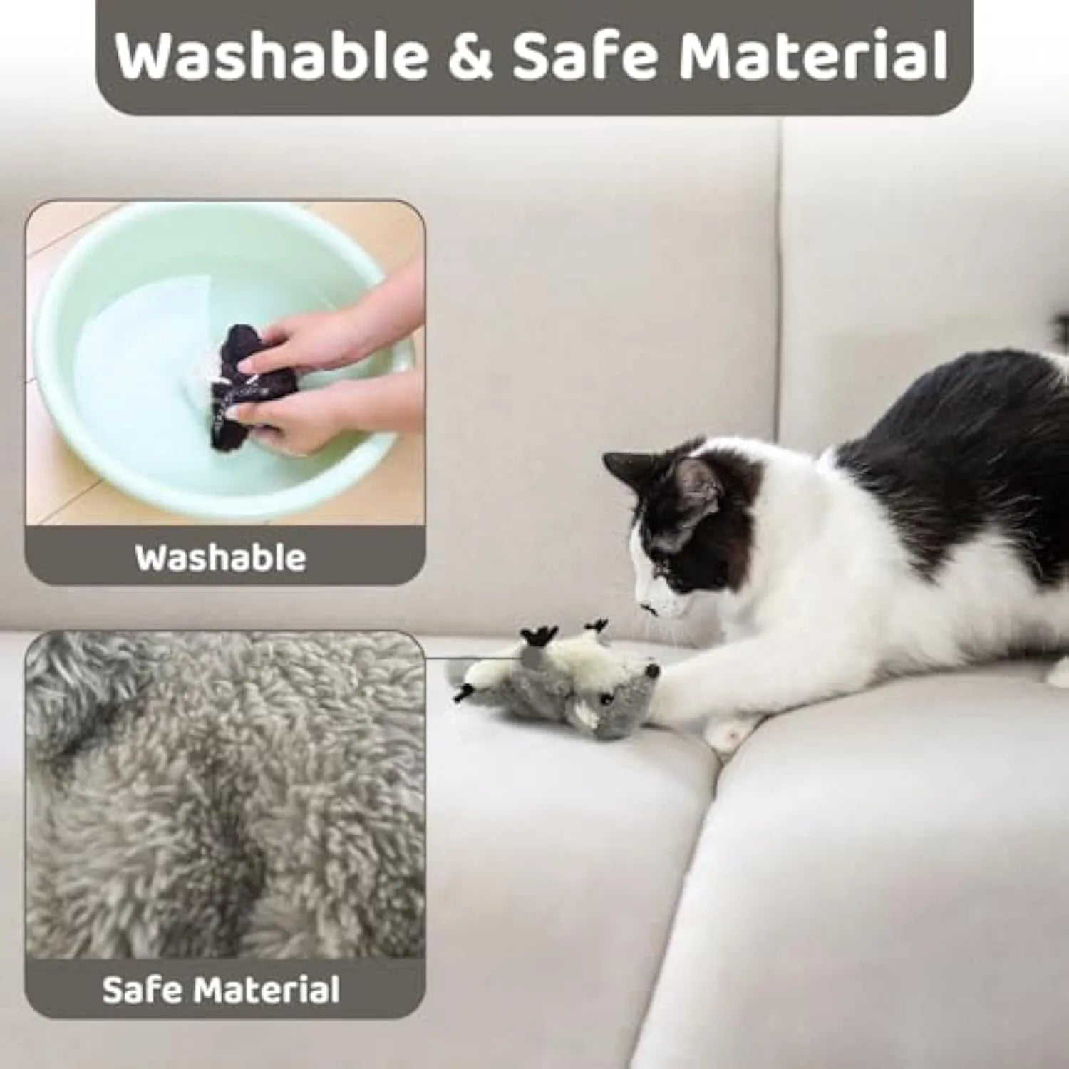 Grey flapping squirrel cat toy with USB charging cable for interactive feline play