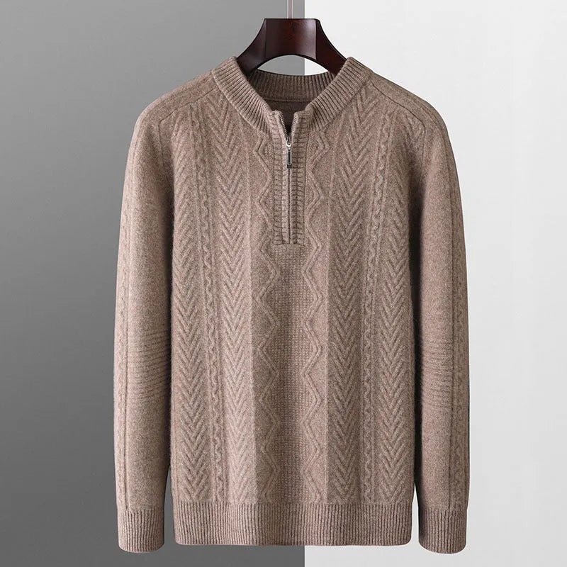 Men's grey diamond pattern half-zip wool sweater showing texture detail and zip neckline