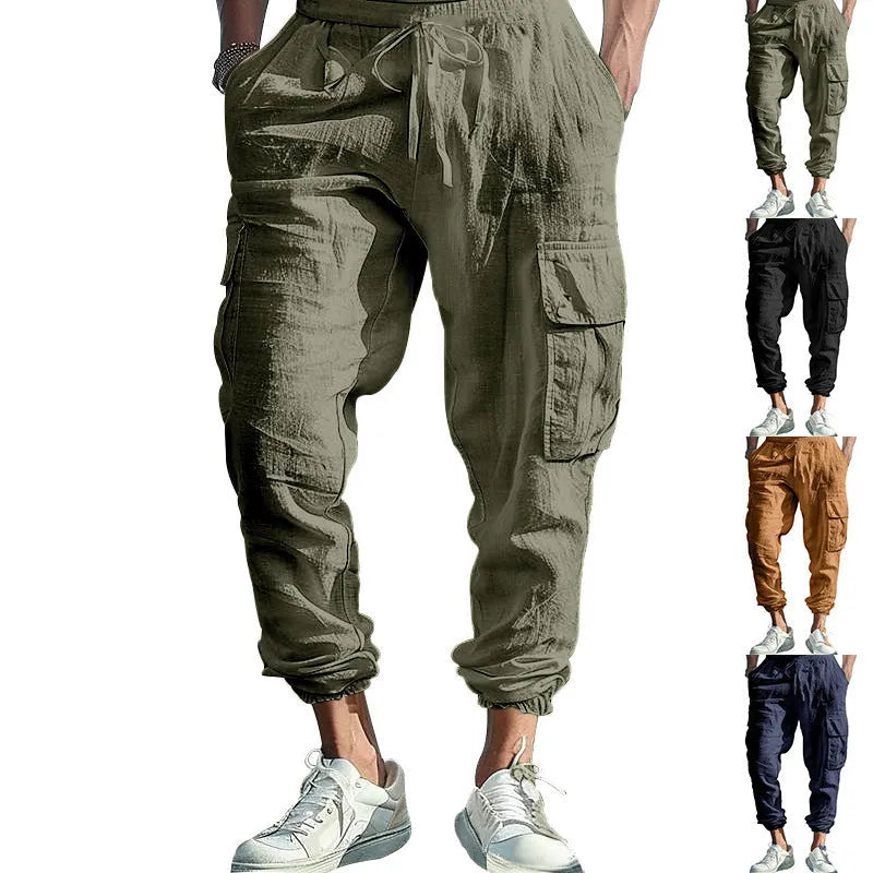 Men's casual linen trousers with ankle ties and multiple pockets in solid colour options