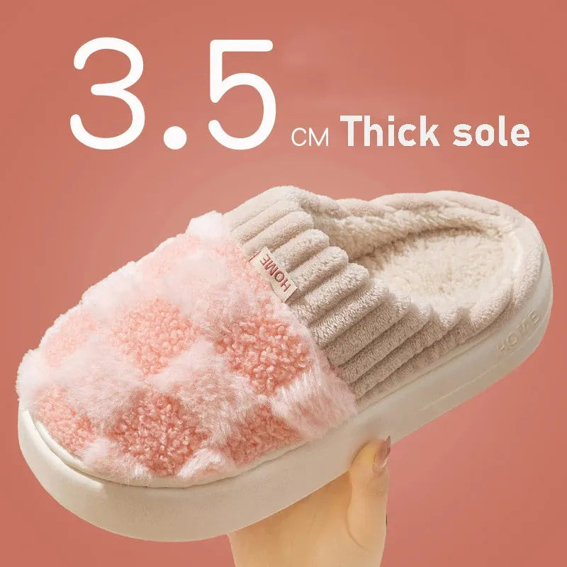 Women's plaid pattern plush slippers with coral velvet upper and PVC anti-slip sole