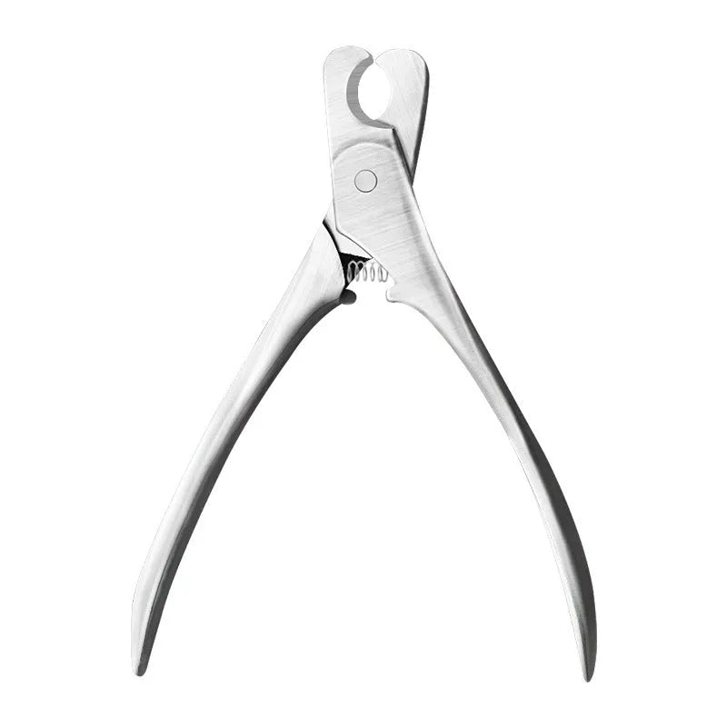 Silver professional pet nail clipper with stainless steel blades and safety guard.