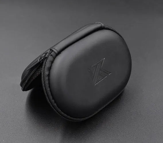 Black soft leather oval-shaped earphone storage bag.