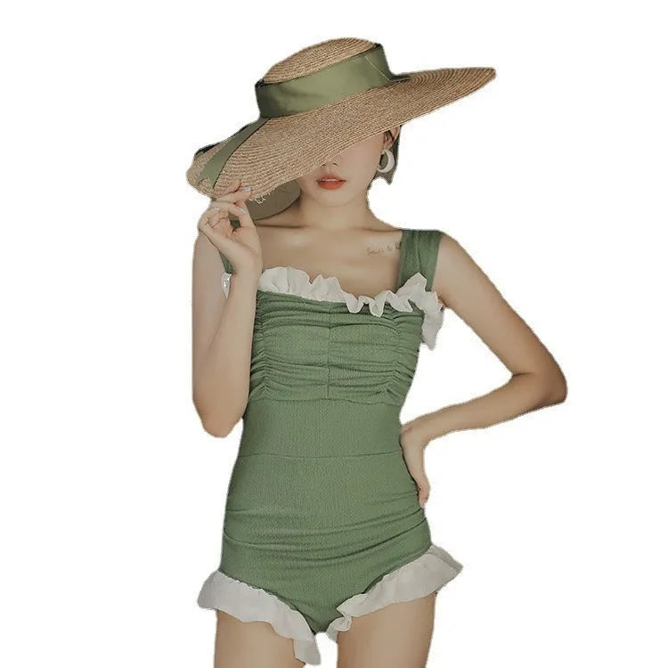 Korean style high waist one-piece swimsuit in quick-drying polyester fabric