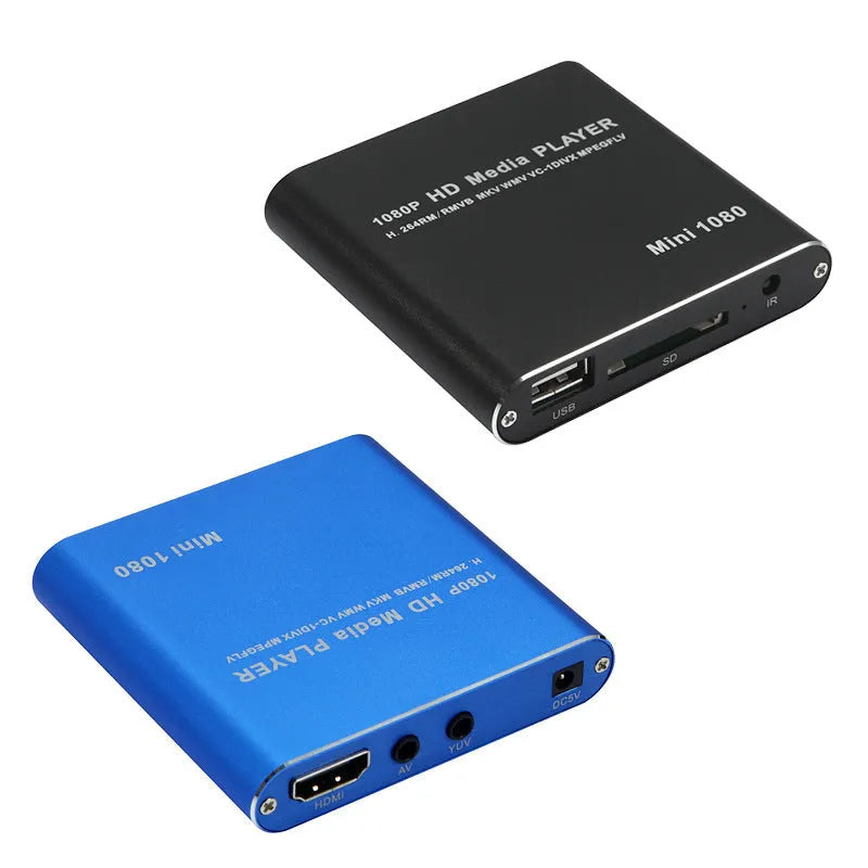 Blue or black Full HD 1080p media player with SD card slot, USB port and HDMI output