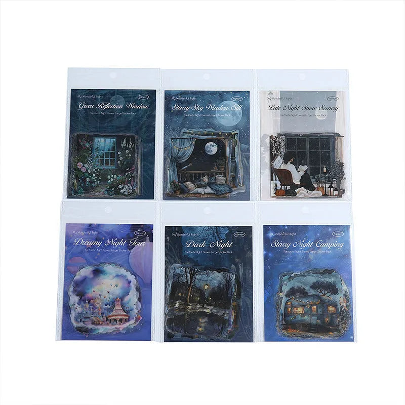 PET large night view sticker set with 6 retro printed scenes on a clear background, approximately 110x156mm each
