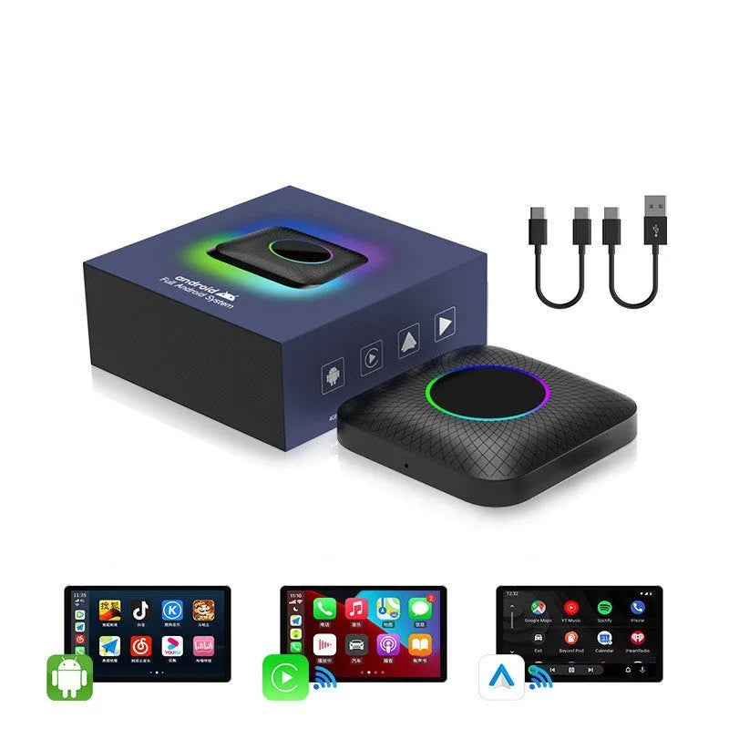 Square black wired to wireless CarPlay adapter box with data cable connectors