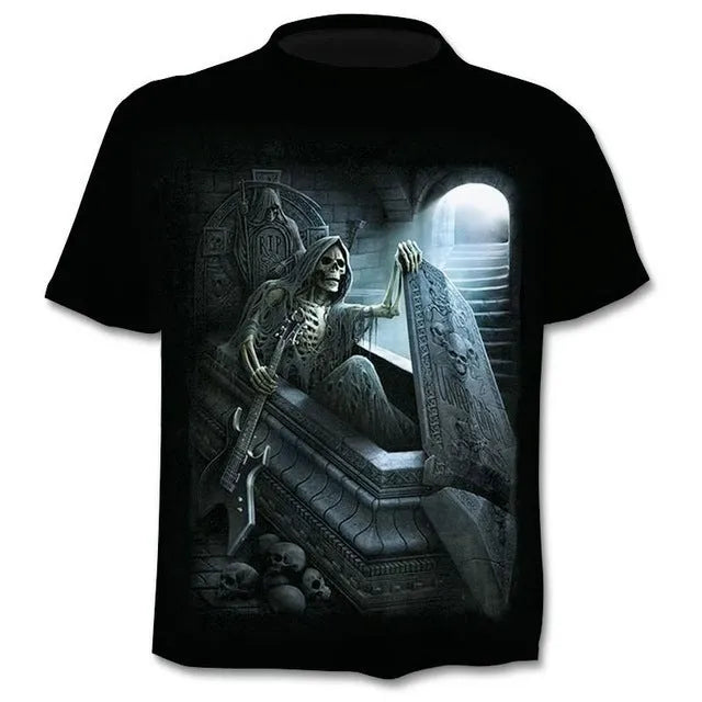 Men's gothic skull print t-shirt punk style round neck regular sleeve top in black