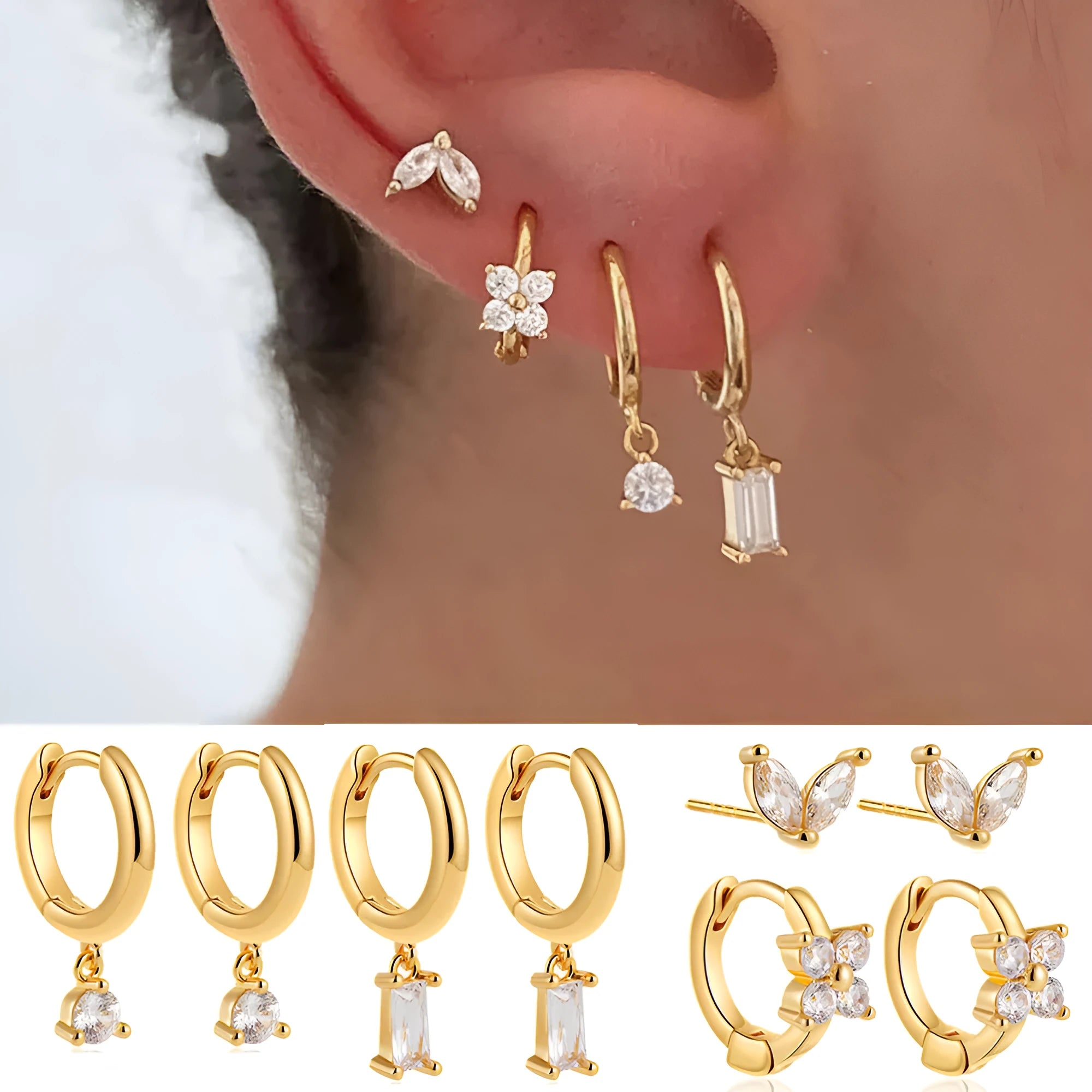 Copper geometric square earrings four-piece set with star and quadrilateral designs in gold or silver electroplated finish