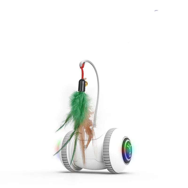Interactive cat toy with interchangeable heads automatic robotic toy with feather accessory in white and grey ABS plastic
