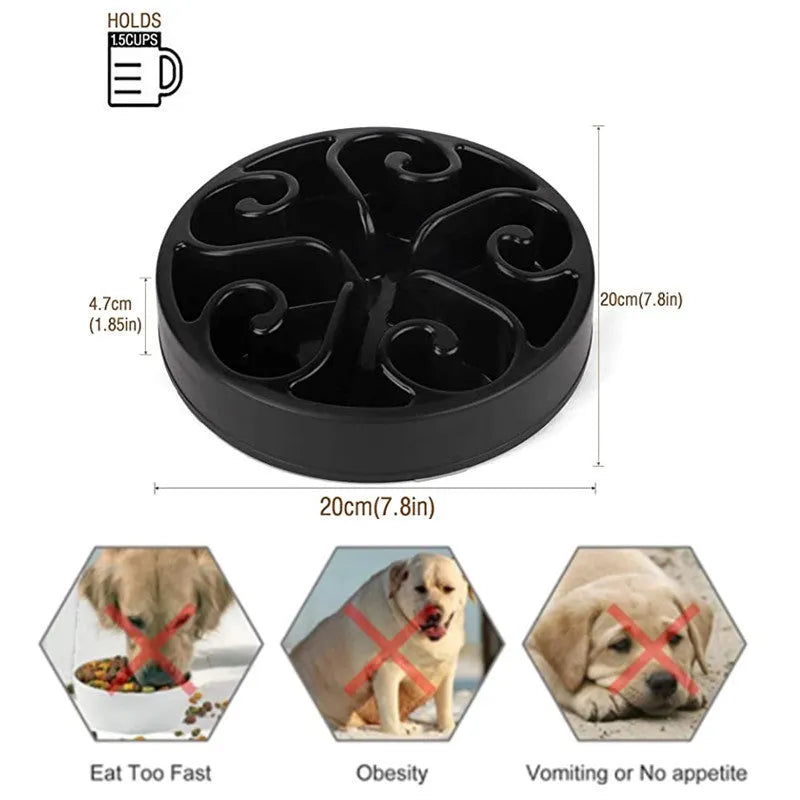 A coloured slow feeder dog bowl with a maze pattern inside and a wide non-slip base.