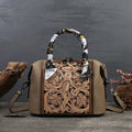 Brown genuine cowhide leather retro-style messenger bag showing external pocket and internal organiser compartments.