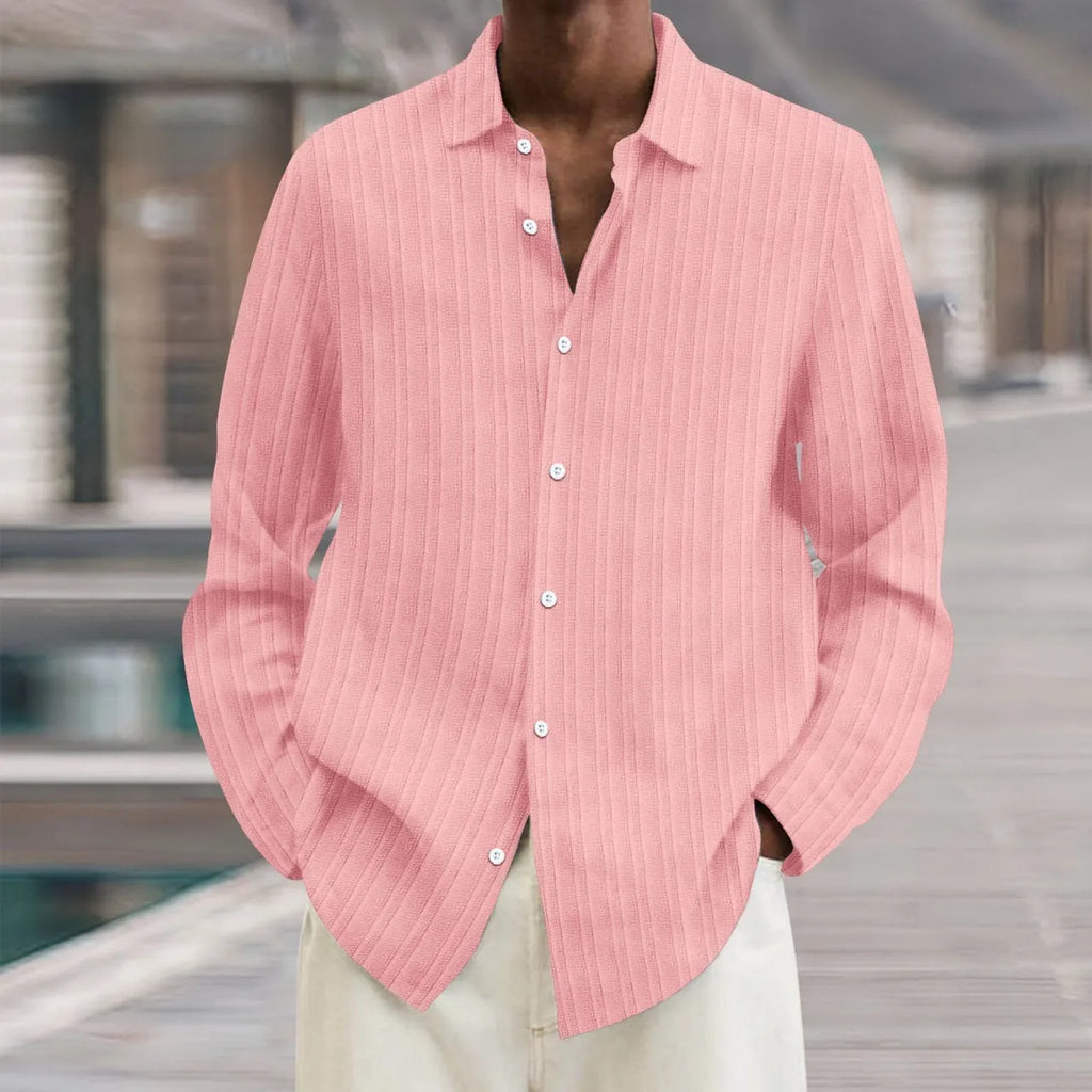 Men's striped British style cardigan shirt with long sleeves in polyester blend fabric