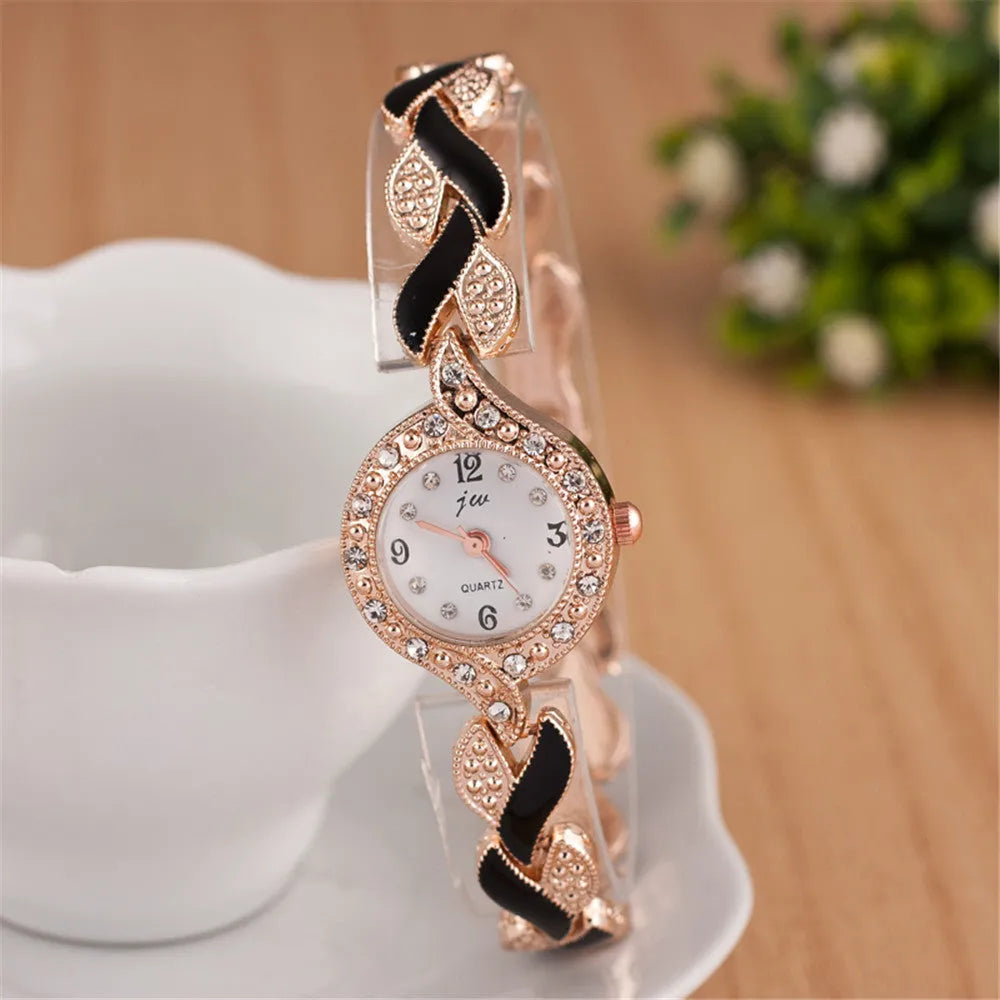 Women's love strap diamond watch with heart-design strap and rhinestone dial in black or red, 21cm total length